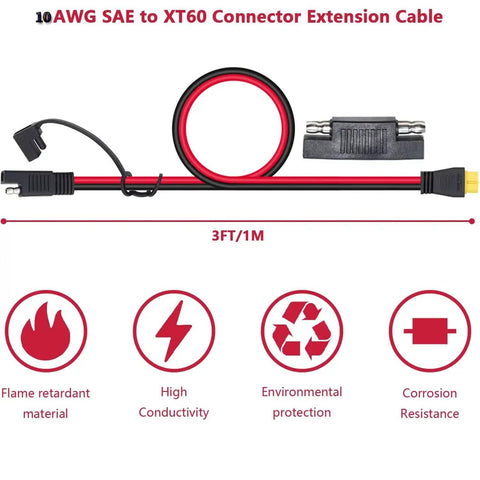 Heavy-Duty 10AWG SAE To XT60 Solar Adapter Extension Cable 1M with Polarity-Reverse SAE Plug and Pure Copper Conductors