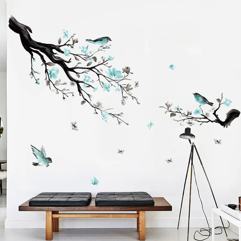 Watercolor Blue Flower Wall Decals With Birds And Tree Branches For Living Room And TV Backdrop Dope Easy Peel And Stick Removable Waterproof Wall Sticker Decor For Modern Home