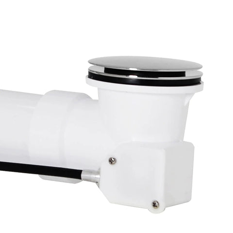 Close-up of 45 Inch Cable Drive Bath Drain Trim Kit With Rotary Overflow Cover Knob Pop Up Stopper And Schedule 40 PVC Fittings In Polished Chrome