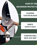 Japanese Made Bypass Pruning Shears for Serious Garden Work showing fluorine coated blades and ergonomic non-slip grip