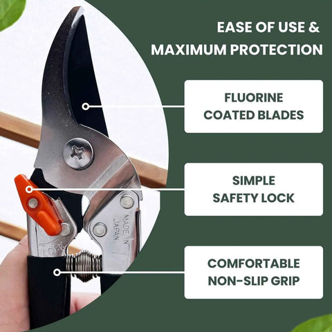 Japanese Made Bypass Pruning Shears for Serious Garden Work showing fluorine coated blades and ergonomic non-slip grip