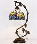 Blue Tiffany Style Stained Glass Lotus Table Lamp With Metal Leaf Base, 21 Inch Tall, 8 Inch Shade, 8x10x21 Inches, Bronze Finish