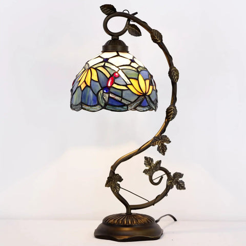Blue Tiffany Style Stained Glass Lotus Table Lamp With Metal Leaf Base, 21 Inch Tall, 8 Inch Shade, 8x10x21 Inches, Bronze Finish