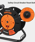 Extension Cord Storage Reel With 4 Grounded Outlets, Heavy Duty Open Cord Reel, close-up of 10A circuit breaker and safety button.