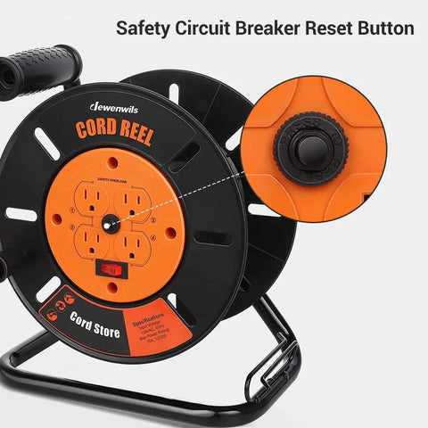 Extension Cord Storage Reel With 4 Grounded Outlets, Heavy Duty Open Cord Reel, close-up of 10A circuit breaker and safety button.