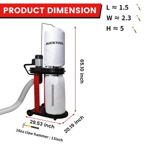 Auto Start Dust Collector Featuring 1.2 HP Motor And 750 CFM Airflow Ships With 5 Ft Flexible Hose, 65.10 inch height, compact design.