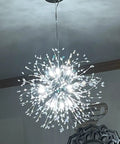 Close-up view of 9 Light Chrome Crystal Dandelion Firework Chandelier with Adjustable 78 Inch Cord, modern ceiling lighting.
