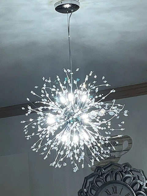 Close-up view of 9 Light Chrome Crystal Dandelion Firework Chandelier with Adjustable 78 Inch Cord, modern ceiling lighting.
