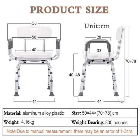 Dimensions and specifications of 360 Degree Swivel Shower Chair for Tub and Shower, height adjustable anti-slip bath stool.