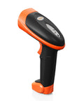 No Fuss Wireless Barcode Scanner With Usb Stand For Lightning Fast 1D 2D Qr Code And Pdf417 Label Reading, sleek design in black and orange.