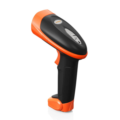 No Fuss Wireless Barcode Scanner With Usb Stand For Lightning Fast 1D 2D Qr Code And Pdf417 Label Reading, sleek design in black and orange.