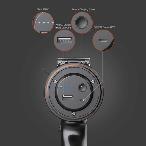Close-up of the rear controls of the 2000 Lumen Marine Spotlight Waterproof Rechargeable Handheld Flashlight For Boats With IP67 Rating Floats For Easy Use Includes 100V 240V Home Adapter Portable Boat Spotlight.