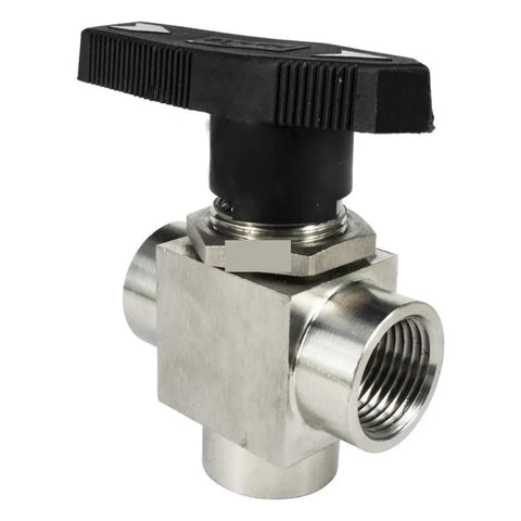 Heavy Duty Three Way Ball Valve With Female Thread Fittings For Smooth Flow Control Knockout Space Saving Design Plus Easy Setup For Plumbing Jobs Featuring G3/8 G1/2 G3/4 Standard Connections And A Real Deal Build That Lasts, stainless steel body, black handle, compact design.
