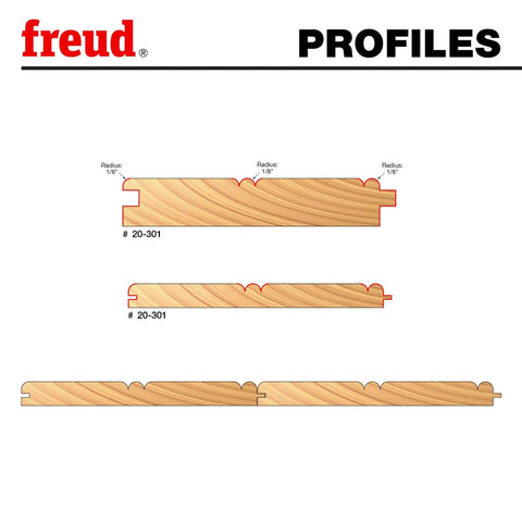 One Eighth Inch Radius Beadboard Router Bit System with One Quarter Inch Shank, Includes Two Slot Cutters for Tongue and Groove Joints