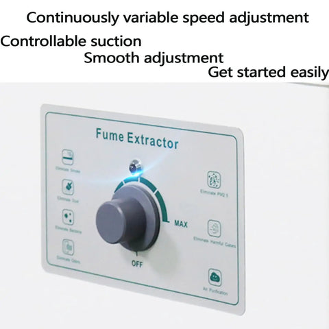 Smooth Operator Welding Fume Extractor Packed With A 150W Pure Copper Motor control panel showing airflow adjustment and features.