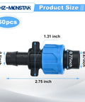 Drip Tape Connector Set 50 Pcs 1/2 Inch Barb Fittings For 5/8 Inch Drip Tape Sprinkler with dimensions and twist lock design