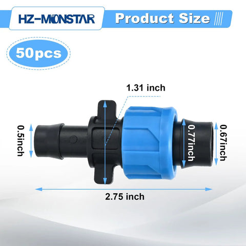 Drip Tape Connector Set 50 Pcs 1/2 Inch Barb Fittings For 5/8 Inch Drip Tape Sprinkler with dimensions and twist lock design