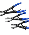Front view of SMOTIVEPRO 3-piece hose pinch-off pliers set with blue handles for automotive clamps, sizes 8, 10, 12 inches.