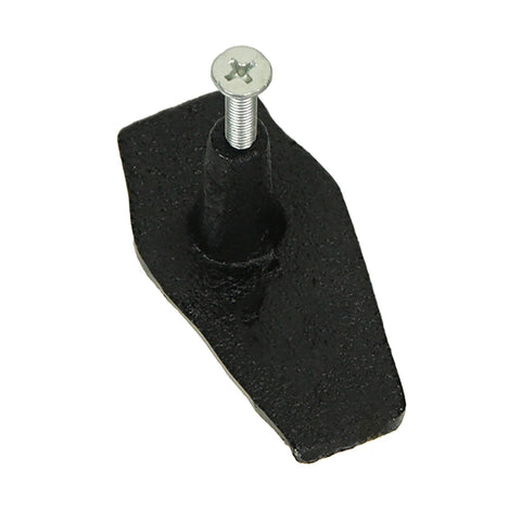 Gothic Black Cast Iron Coffin Drawer Pulls, single piece, showing screw attachment, cast iron material, 2.5 inches long, 1.5 inches high.