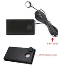 Black car thermometer control unit with 9.9 ft exterior probe cable and circular sensor; LR1130 battery included
