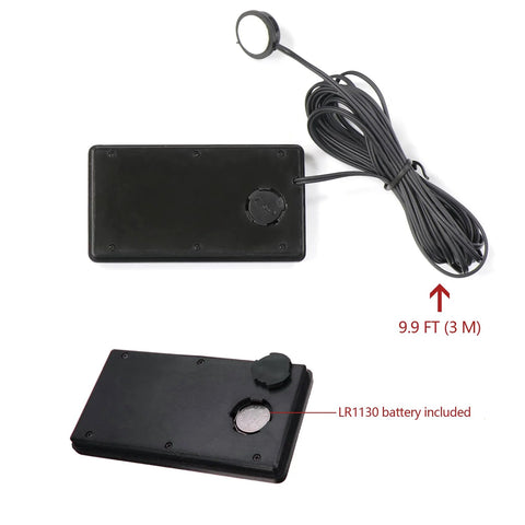 Black car thermometer control unit with 9.9 ft exterior probe cable and circular sensor; LR1130 battery included