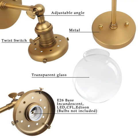 Vintage Industrial Wall Sconce With Switch 180 Degree Adjustable Vanity Light, showing metal components and glass shade details.