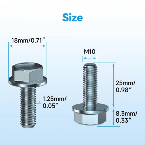 M10x1.25 Hex Head Flange Bolts 25mm Length 10 Pack For ATV UTV Quad Go Kart Lawn Mower Snowmobile Motorcycle Truck And More Durable Steel Fasteners For Automotive And Equipment size diagram