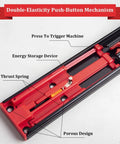 Kick to Open Drawer Slides 10-24 Inch Black Full Extension Side Mount Handleless Foot Tap Open Runners close-up of red push-button mechanism