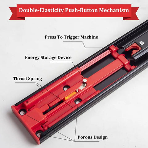 Kick to Open Drawer Slides 10-24 Inch Black Full Extension Side Mount Handleless Foot Tap Open Runners close-up of red push-button mechanism
