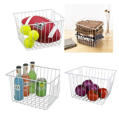 Vibe Shift Your Deep Freeze Setup With Heavy Duty Wire Baskets Acting As Kitchen Storage Organizer Bins For Chest Or Upright Models Refrigerator Dividers With Beefy Handles Four Pack Pearl White filled with sports gear and food.