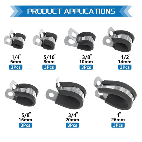 Heavy Duty 304 Stainless Steel Cable Clamps Set 7 size assortment from 1/4 to 1 inch with rubber cushioned P clamp design