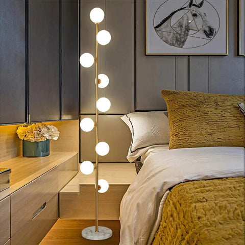 Cozy Elegant Mid Century Floor Lamp With Nine Lights For Living Room, Bedroom, And Office, Warm White 2700K Ambience near bedside