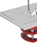 Slick Manual Router Lift System With Easy Twist Crank Handle For Precise 51mm Height Tweaks Built Tough With Rugged Stainless Steel and Heavy Duty Aluminum Alloy close-up view of the lift mechanism.