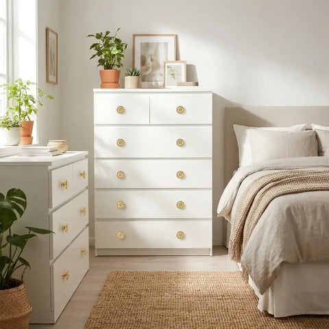 Bedroom with dresser using 12 Pack Vintage Floral Drawer Knobs Set With Zinc Alloy Cabinet Pulls And Handles, elegant style.
