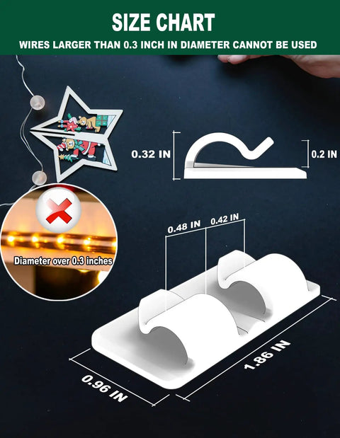 Size chart for 40 Clear Outdoor Light Clips With Double Clips Design, showing dimensions and wire diameter limit.