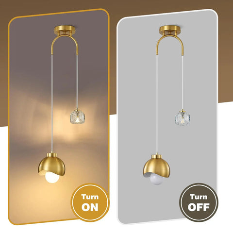 IPEDWO 2-Light Modern Gold Pendant Lights,Light Fixture for Kitchen Island shown in on and off states, showcasing design and materials.