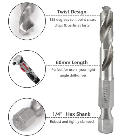 Pro Shop Ready 5 Piece Short Stubby Drill Bit Set Built Tough As Nails With Premium M2 Hss Steel and 135 Degree Split Point Tip, 60mm length, 1/4 inch hex shank.