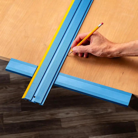 Low Profile Straight Edge Guide Rail Kit Extension Setup For Circular Saw Router And Jigsaw That Snaps Right On And Keeps Your Cuts Dead On Across Plywood And Solid Stock Wood with a hand marking on wood.