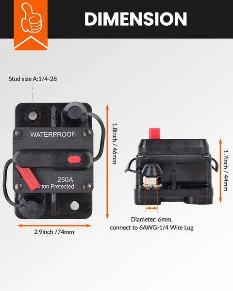 Tough As Nails 150 Amp Manual Reset Inline Circuit Breaker Waterproof DC 12V to 48V dimensions with stud size and connection details.
