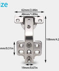 Diagram of Four Pack 135 Degree Lazy Susan Cabinet Hinges With Adjustable Silent Operation For Kitchen Corner Cabinets And Folding Doors Rust Resistant Nickel Plated Steel Hinges showing dimensions 62mm, 48mm, 108mm, 13mm, and 19mm.