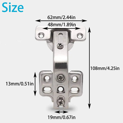 Diagram of Four Pack 135 Degree Lazy Susan Cabinet Hinges With Adjustable Silent Operation For Kitchen Corner Cabinets And Folding Doors Rust Resistant Nickel Plated Steel Hinges showing dimensions 62mm, 48mm, 108mm, 13mm, and 19mm.