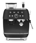 Top Shelf Semi Automatic Espresso Machine In Matte Black With Integrated Conical Burr Grinder And Adjustable Grind Settings For Killer Single Double Shots Featuring Pressure Gauges And Smooth Home Barista Operation in front view with silver accents.