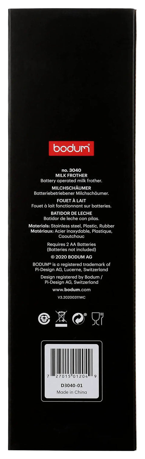 Back packaging of Schiuma Battery Operated Milk Frother with specifications and branding details visible