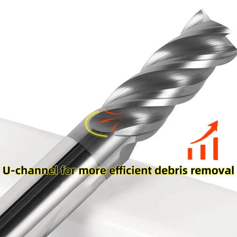 Close-up of Pro Grade HSS Square Nose End Mill Set With 4 Flute Straight Cutters showing U-channel design for debris removal.