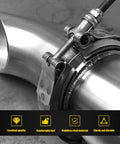 Close-up of Yonput 2.5-inch stainless steel exhaust clamp kit with V-bolt and male-female flange on turbo pipe, silver.