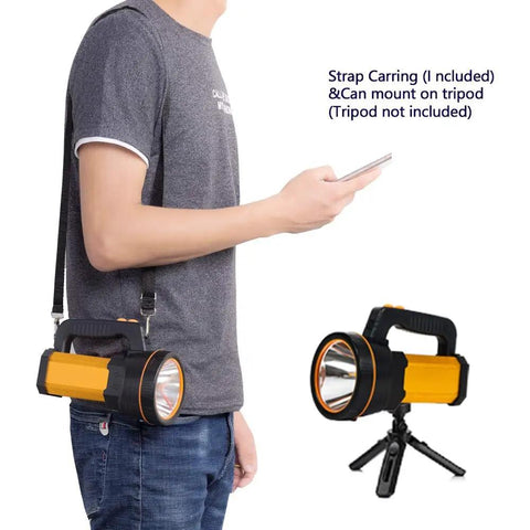 Person wearing Ultra Bright Handheld Spotlight Flashlight With Lantern Mode on strap, orange color next to image on tripod.