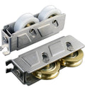 Heavy Duty Stainless Steel Double Wheel Cupboard Door Rollers For Smooth Glide Sliding Cabinet Tracks And No Sweat Furniture Hardware Swaps In Two Piece Lot showing two casters with brass wheels.