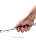 Hand holding wrench from 142 Piece Mechanics Tool Kit And Socket Set With High Torque Ratchet, 72-Tooth Gear, Pro Grade Chrome Vanadium Cr V Wrenches