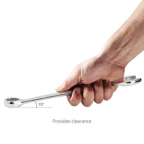 Hand holding wrench from 170-Piece Do-It-All Tool Kit And Socket Set With Cr-V Steel Heavy-Duty 72-Tooth Ratchets SAE And Metric Sockets Wrenches