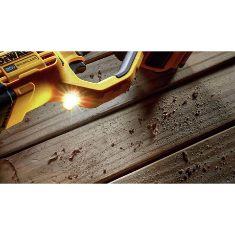 Professional High Performance 20V Max Cordless Brushless Stud And Joist Drill With Quick Change 7 16 Inch Chuck illuminating wooden surface.